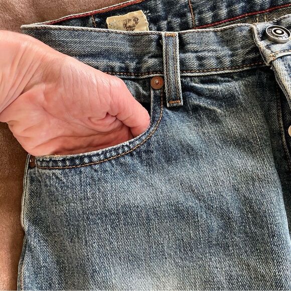 4 Stroke Denim Men's Blue Distressed Jeans Button Up Size 32/34 - Picture 6 of 14